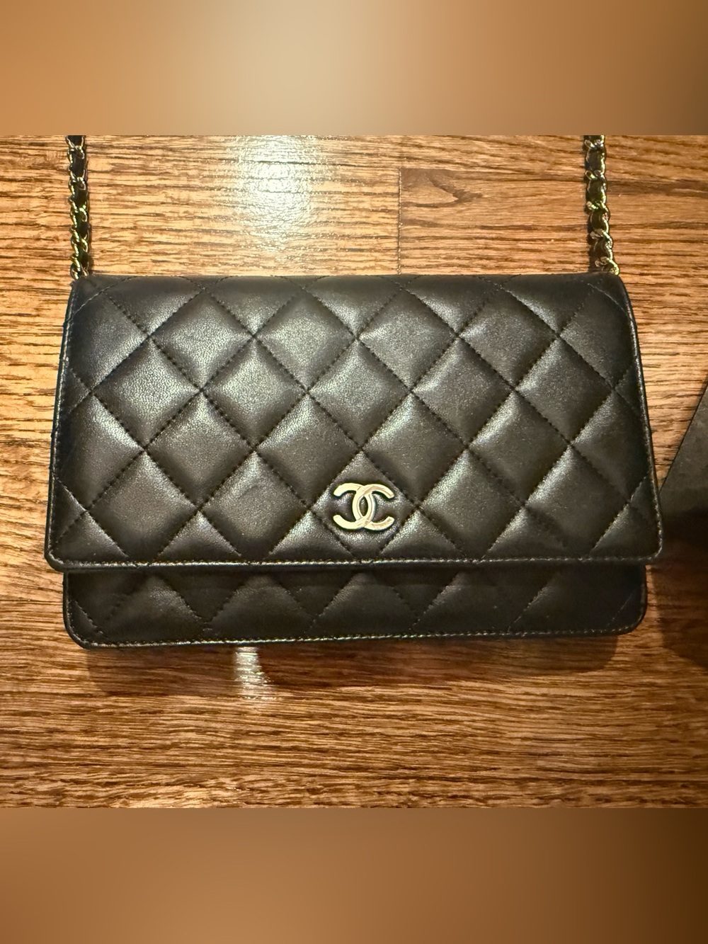CHANEL Black Quilted Leather Chain Wallet with Gold CC